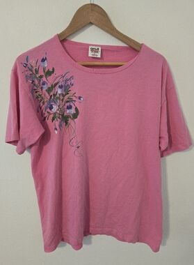 Vintage Hand Painted Flower Pink T Shirt Womens Large Cotton Anvil